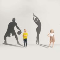 Collage.,Dreams,About,Big,And,Famous,Future.,Conceptual,Image,With Collage. Dreams about big and famous future. Conceptual image with little boys and girls and shadows of professional sportsmen on gray background. Childhood, dreams, imagination, education concept. pilates jpga cvicenie pre deti mlady sportovec a jeho sny cvicenie vystri sa